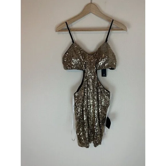 NEW Lulu's Gold Sequin Bodycon CUTOUT Mini Dress Bow Holiday Party Event Small - Picture 3 of 6